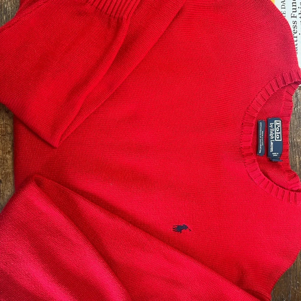 Authentic 100% Cotton Ralph Lauren Red Crewneck Sweater with Navy Pony